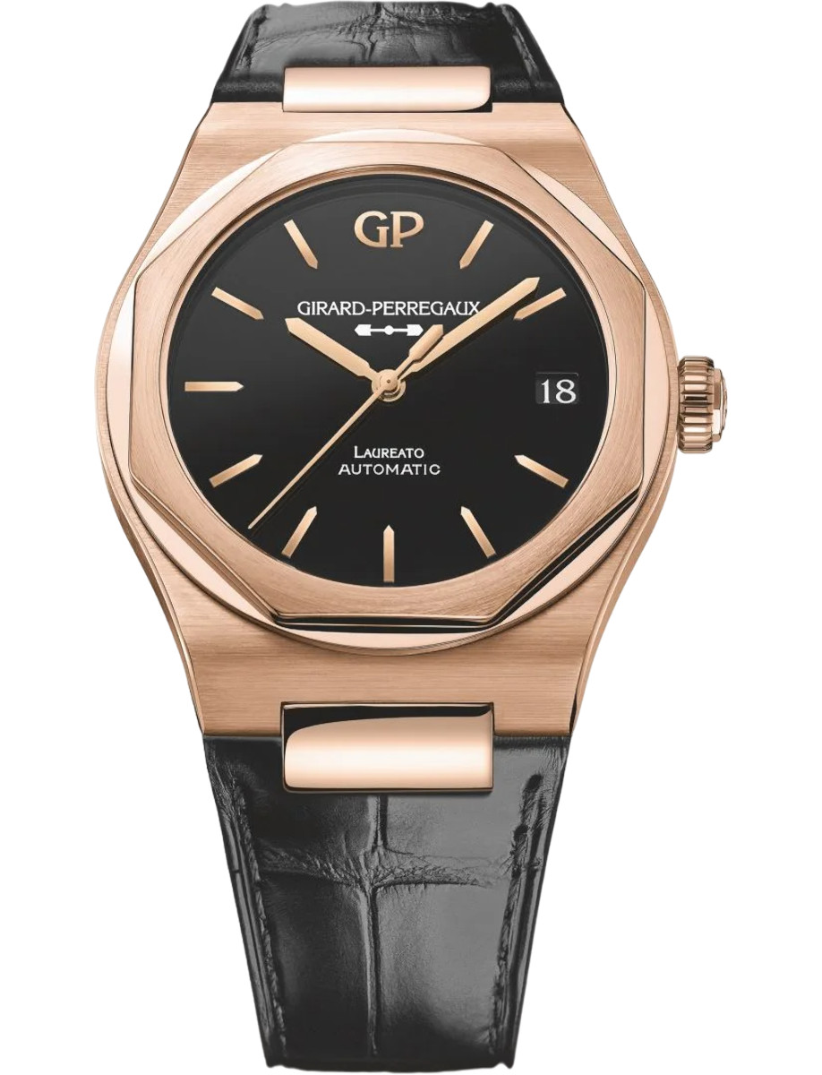 Laureato 42mm Automatic in Pink Gold on Black Alligator Leather Strap with Black Dial