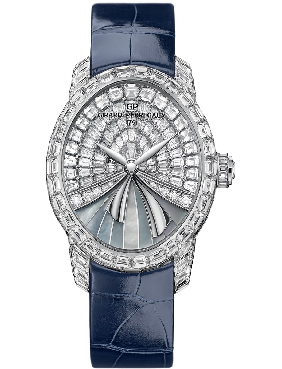 Cat's Eye La Fenice in White Gold with Baguette Diamonds on Blue Alligator Leather Strap with Pave Baguette Diamond MOP Dial
