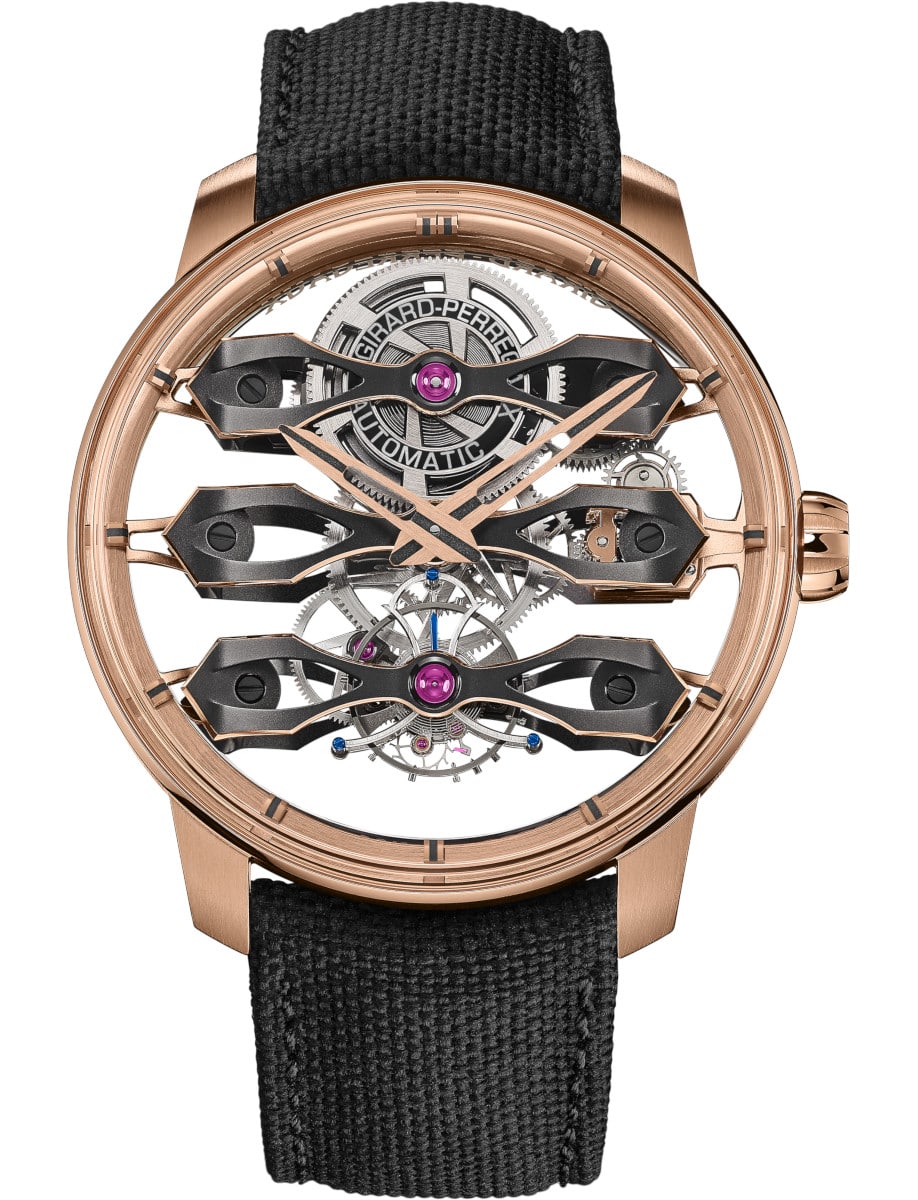 Bridges Tourbillon with Three Flying 44mm in Rose Gold on Black Fabric Strap with Skeleton Dial