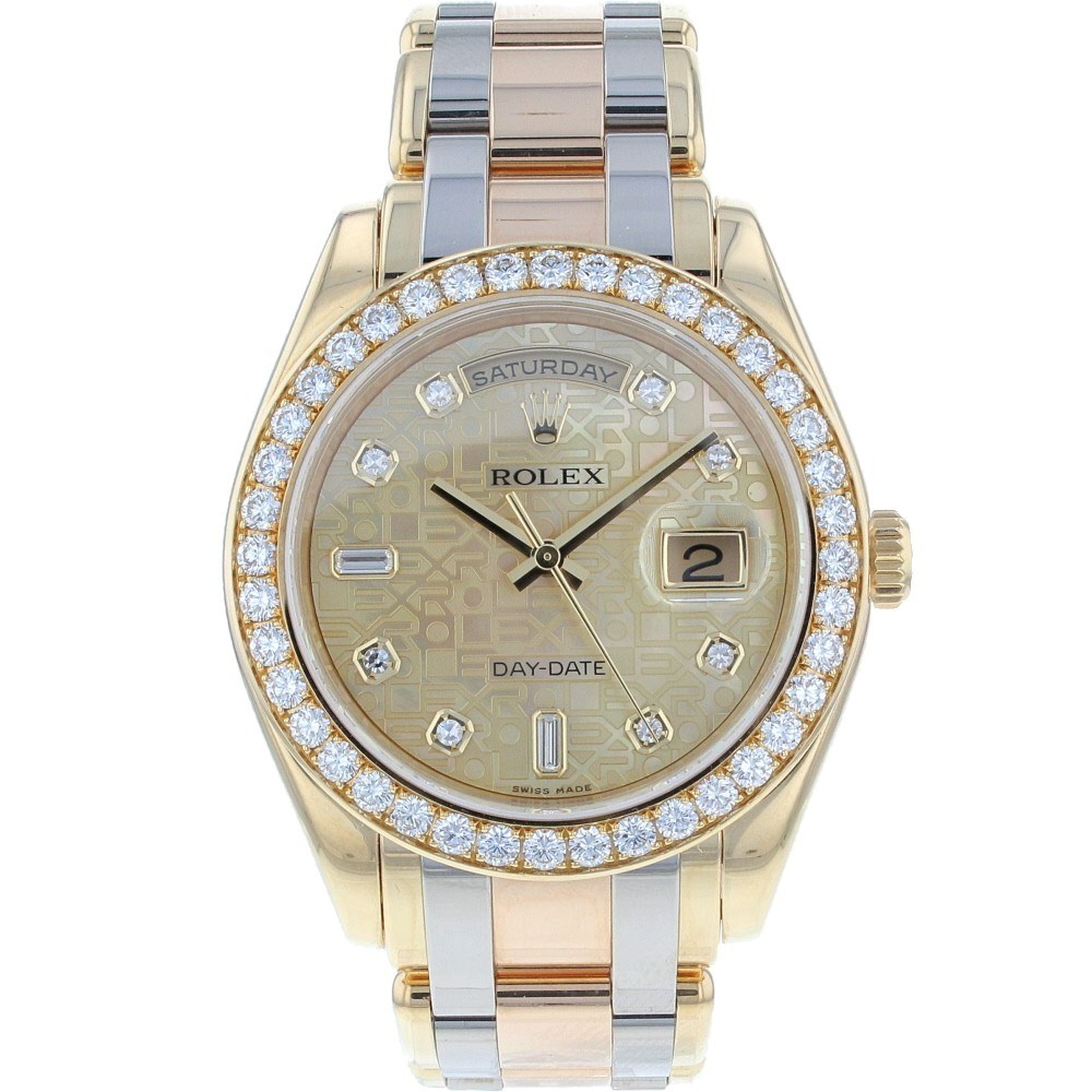 Tridor Masterpiece Day Date with Yellow Gold Diamond Bezel on Tridor Pearlmaster Bracelet with Champagne Jubilee Diamond Dial