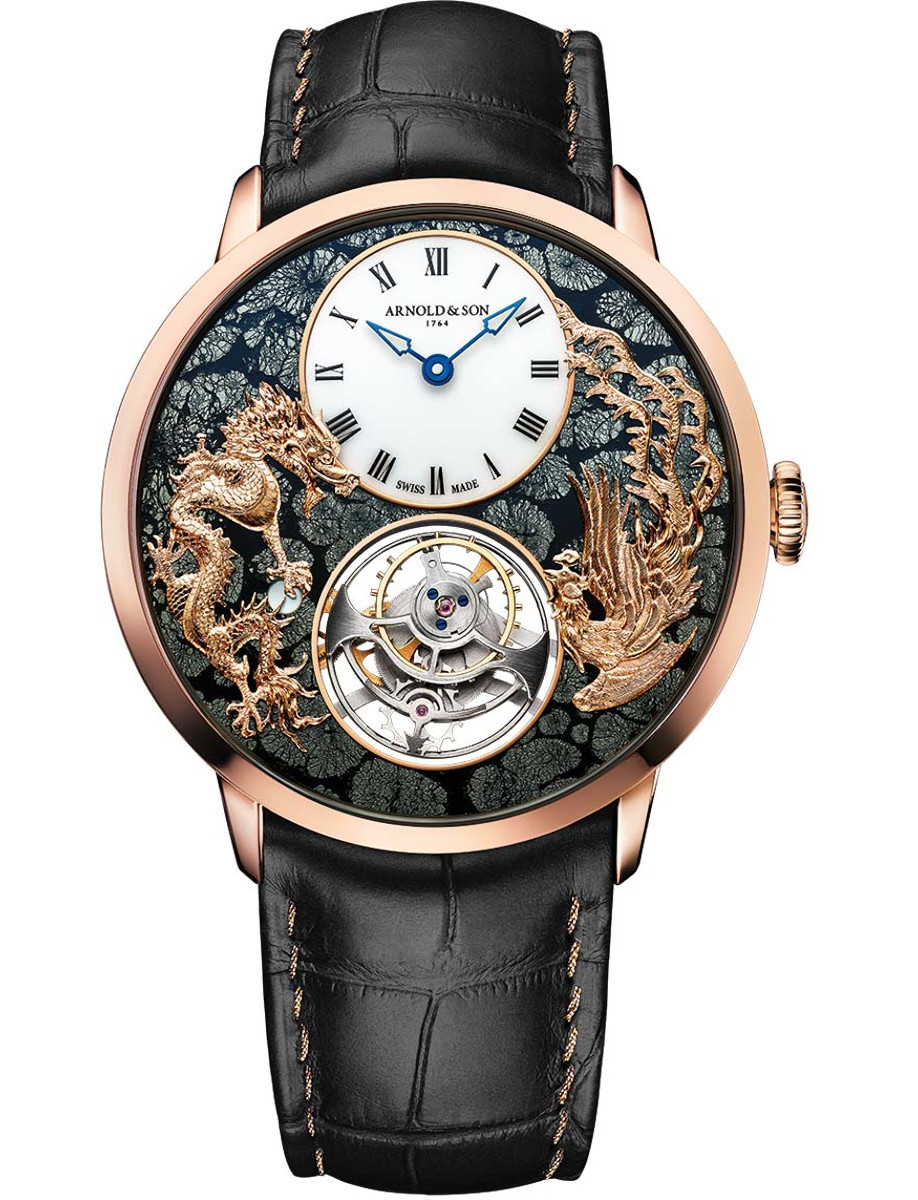 Metiers D'Arts Ultrathin Tourbillon Dragon & Phoenix in Rose Gold on Black Alligator Leather Strap with Marcassite Stone Dial - L.E 5 pcs