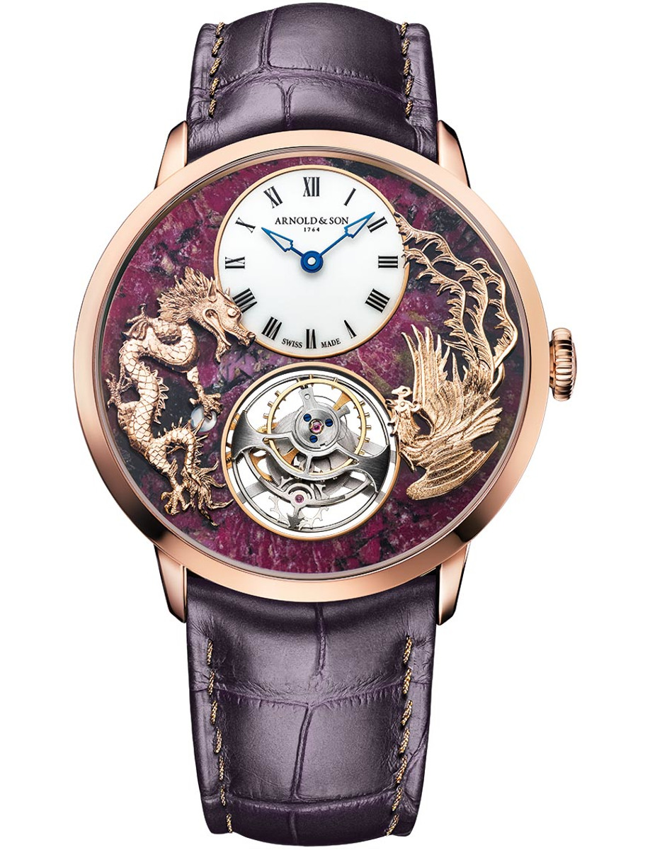 Metiers D'Arts Ultrathin Tourbillon Dragon & Phoenix in Rose Gold on Purple Alligator Leather Strap with Eudialyte Stone Dial - L.E 5 pcs