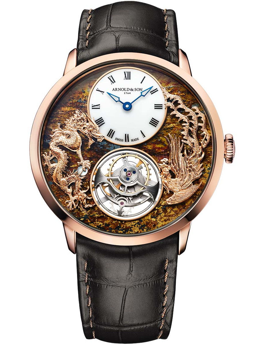 Metiers D'Arts Ultrathin Tourbillon Dragon & Phoenix in Rose Gold on Brown Alligator Leather Strap with Bronzite Stone Dial - L.E 5 pcs