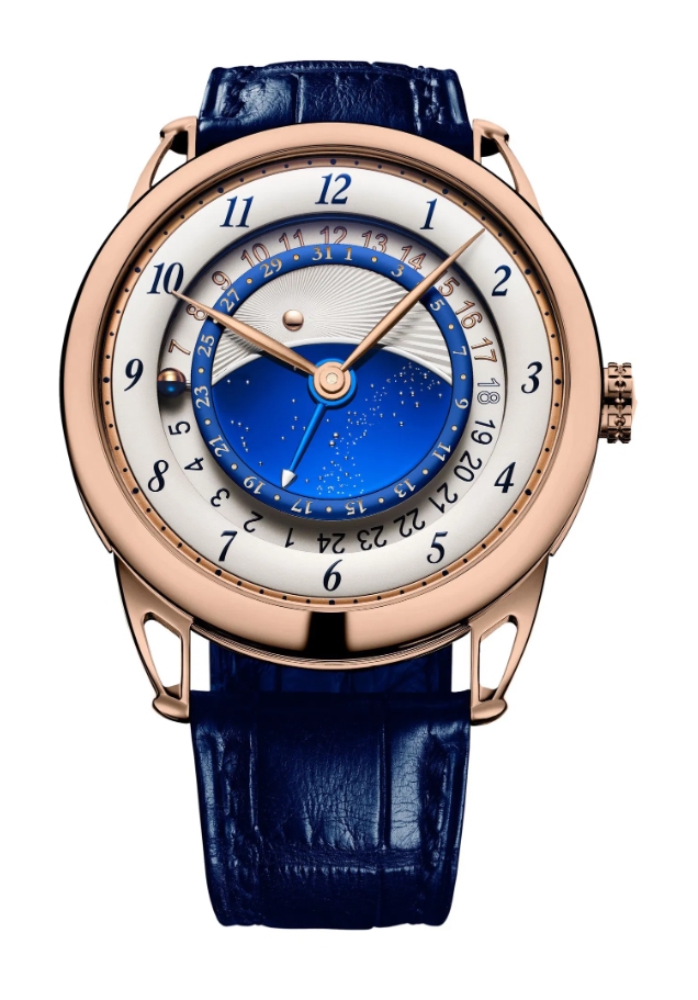 DB25 Starry Varius GMT 42mm in Rose Gold on Dark Blue Crocodile Leather Strap with White & Blue Dial