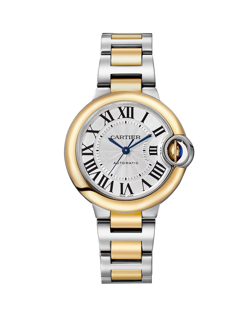 Ballon Bleu 33mm in Steel with Yellow Gold Bezel on Steel and Yellow Gold Bracelet with Silver Guilloche Dial