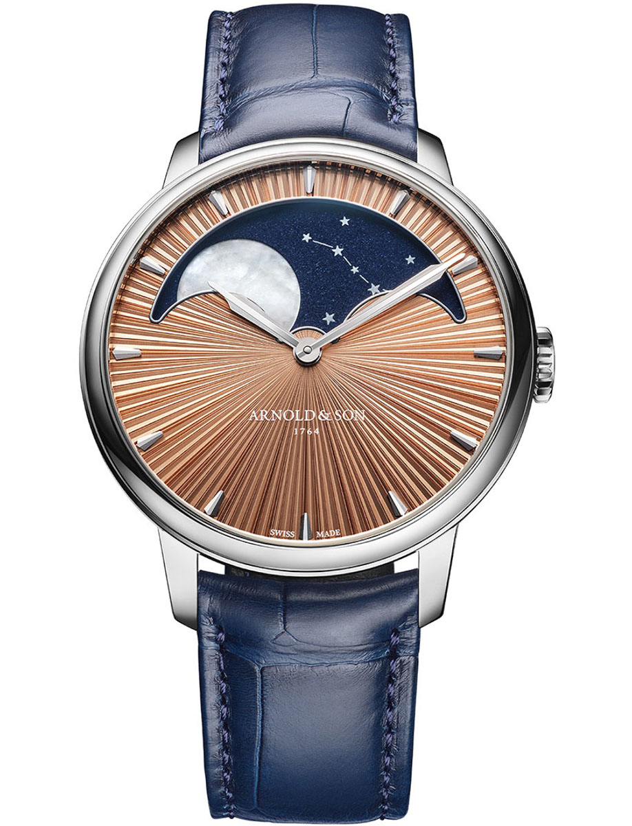 Perpetual Moon 41.5mm in Platinum - Limited Edition 28 pieces on Blue Alligator Leather Strap with Gold Tone Stellar Rays Dial