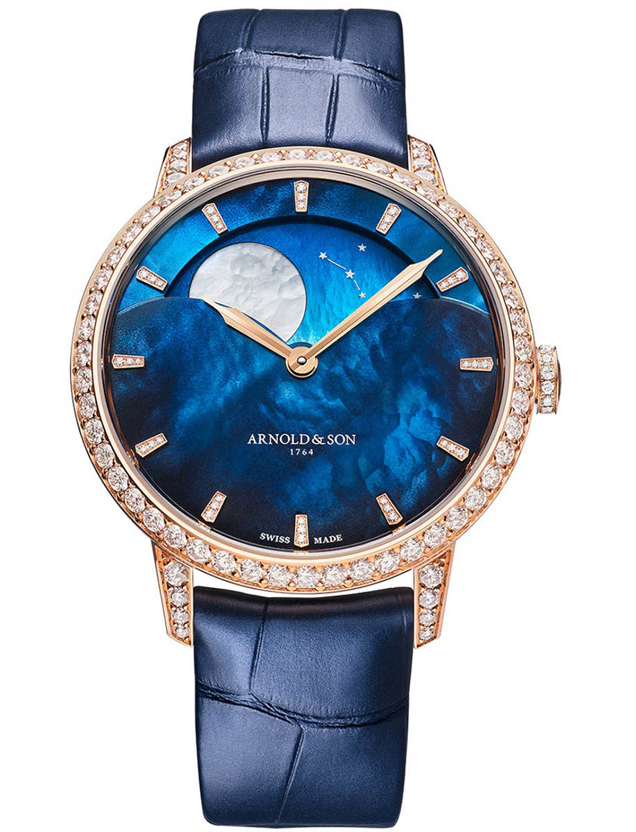 Perpetual Moon 38mm in Rose Gold with Diamond Bezel on Blue Alligator Leather Strap with Blue Mother of Pearl Dial