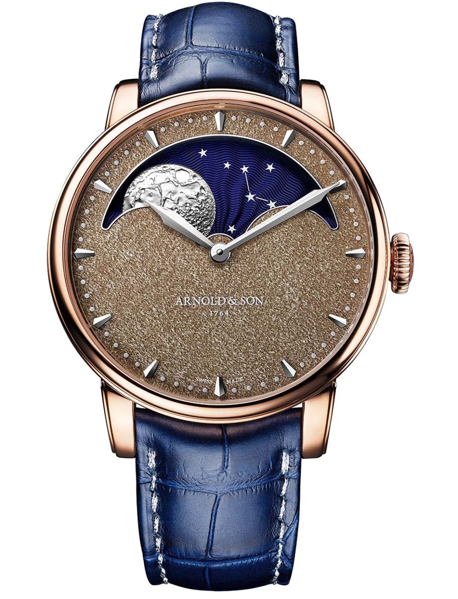 Perpetual Moon Obsidian 42mm in Rose Gold on Blue Alligator Leather Strap with Golden Obsidian Stone Dial