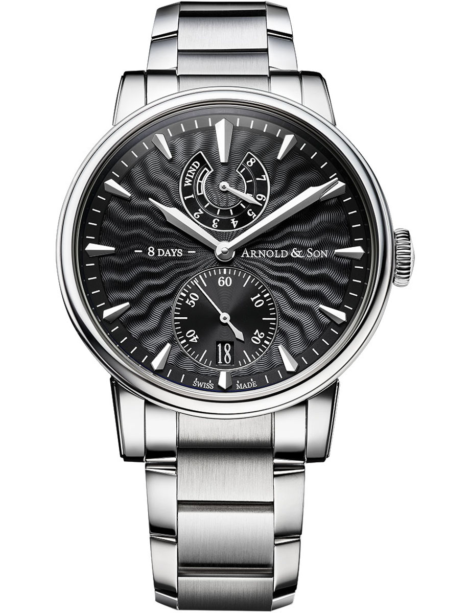 Eight Day 43mm in Steel on Steel Bracelet with Black Guilloche Dial