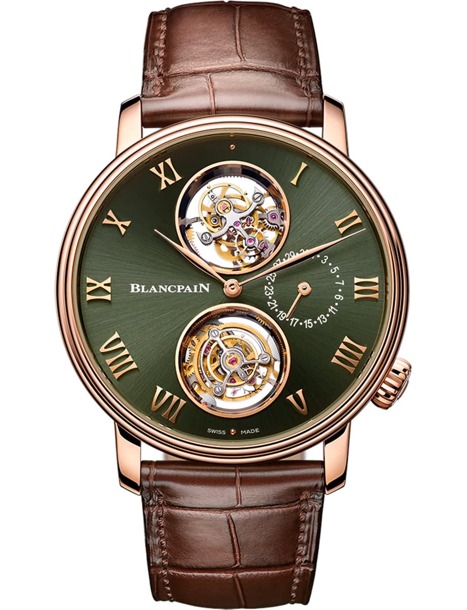 Villeret Tourbillon Carrousel 44.6mm in White Gold on Brown Crocodile Leather Strap with Green Dial