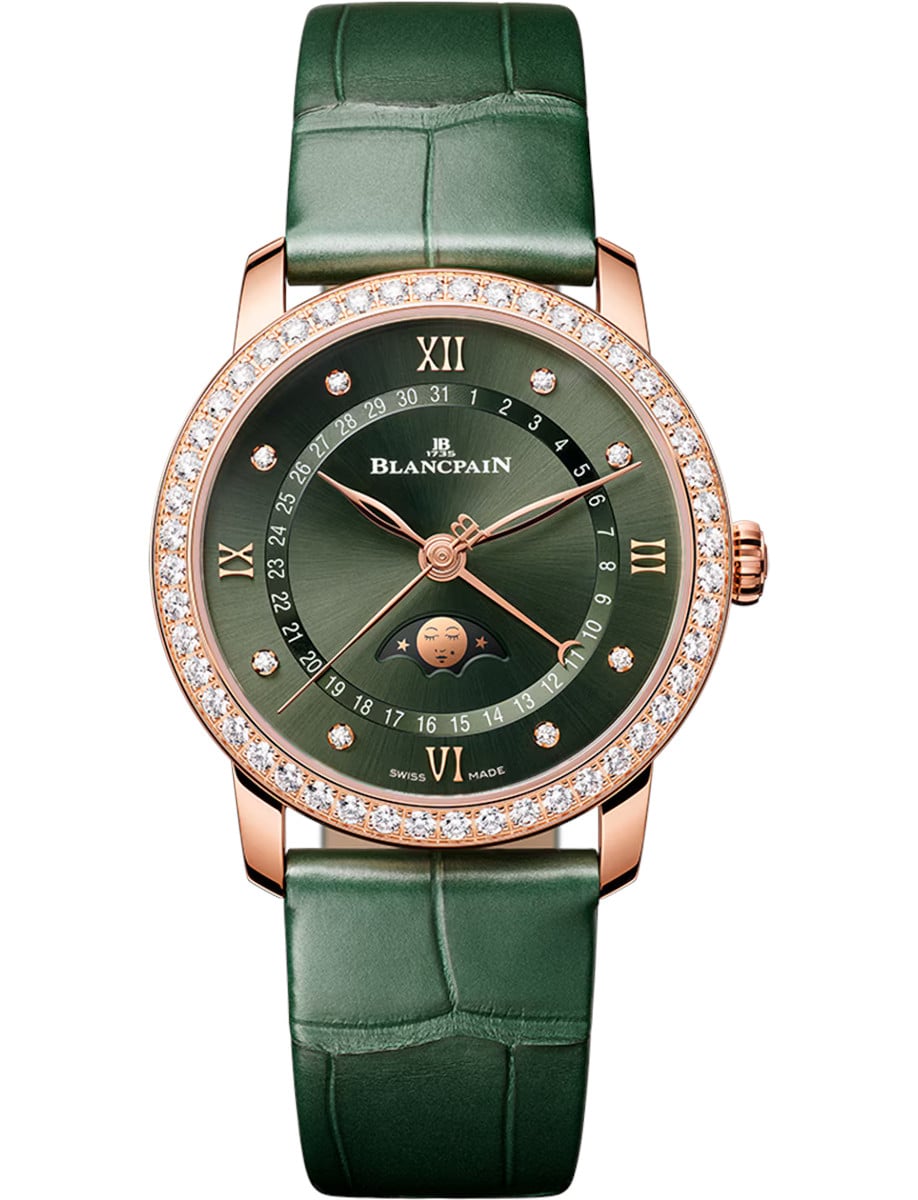 Villeret Quantième Phases de Lune 33.2mm in Rose Gold with Diamond Bezel on Green Alligator Leather Strap with Green Dial