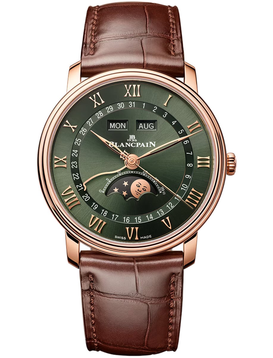 Villeret Quantième Complet 40mm in Rose Gold on Brown Crocodile Leather Strap with Green Dial