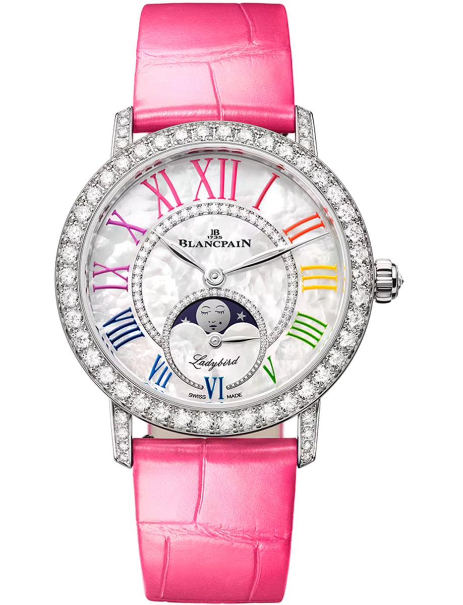 Ladybird Colors Phases de Lune in White Gold with Diamond Bezel & Lugs on Pink Crocodile Leather Strap with MOP Dial