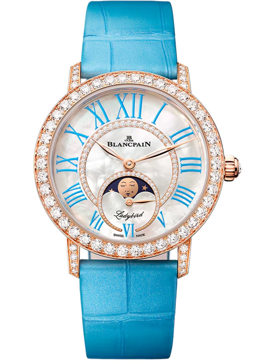 Ladybird Colors Phases de Lune in White Gold with Diamond Bezel & Lugs on Blue Crocodile Leather Strap with MOP Dial