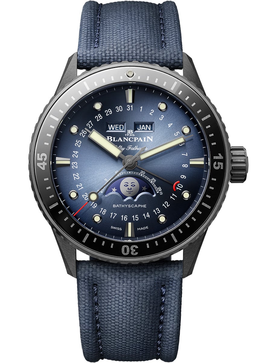 Fifty Fathoms Bathyscaphe Quantième Complet Phases de Lune 43.6 in Black Ceramic on Blue Canvas Strap with Sunburst Blue Dial