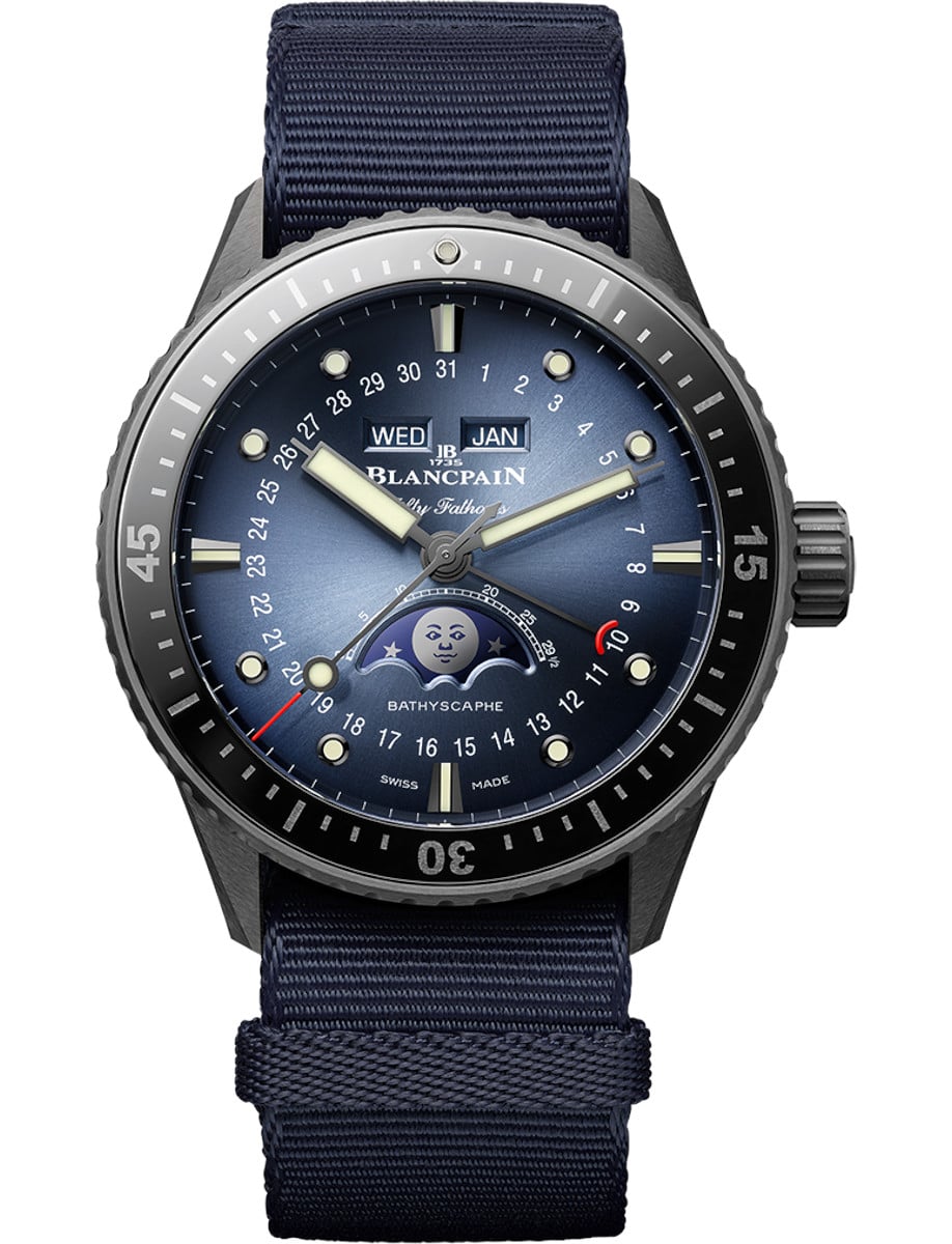 Fifty Fathoms Bathyscaphe Quantième Complet Phases de Lune 43.6 in Black Ceramic on Blue Nato Strap with Sunburst Blue Dial