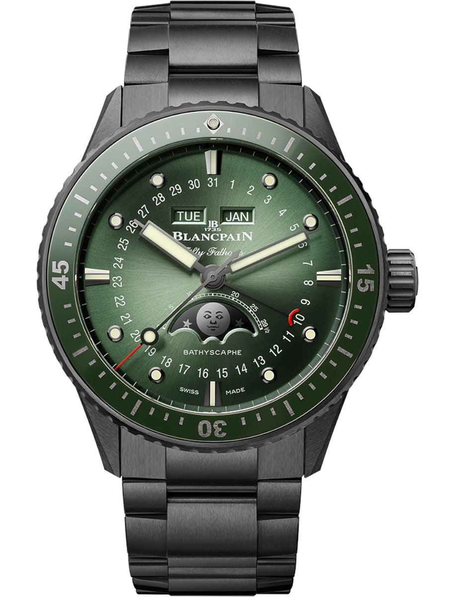 Fifty Fathoms Bathyscaphe Quantième Complet Phases de Lune 43.6 Black Ceramic wGreen Ceramic Bezel On Black Ceramic Bracelet w/Sunburst Green Dial
