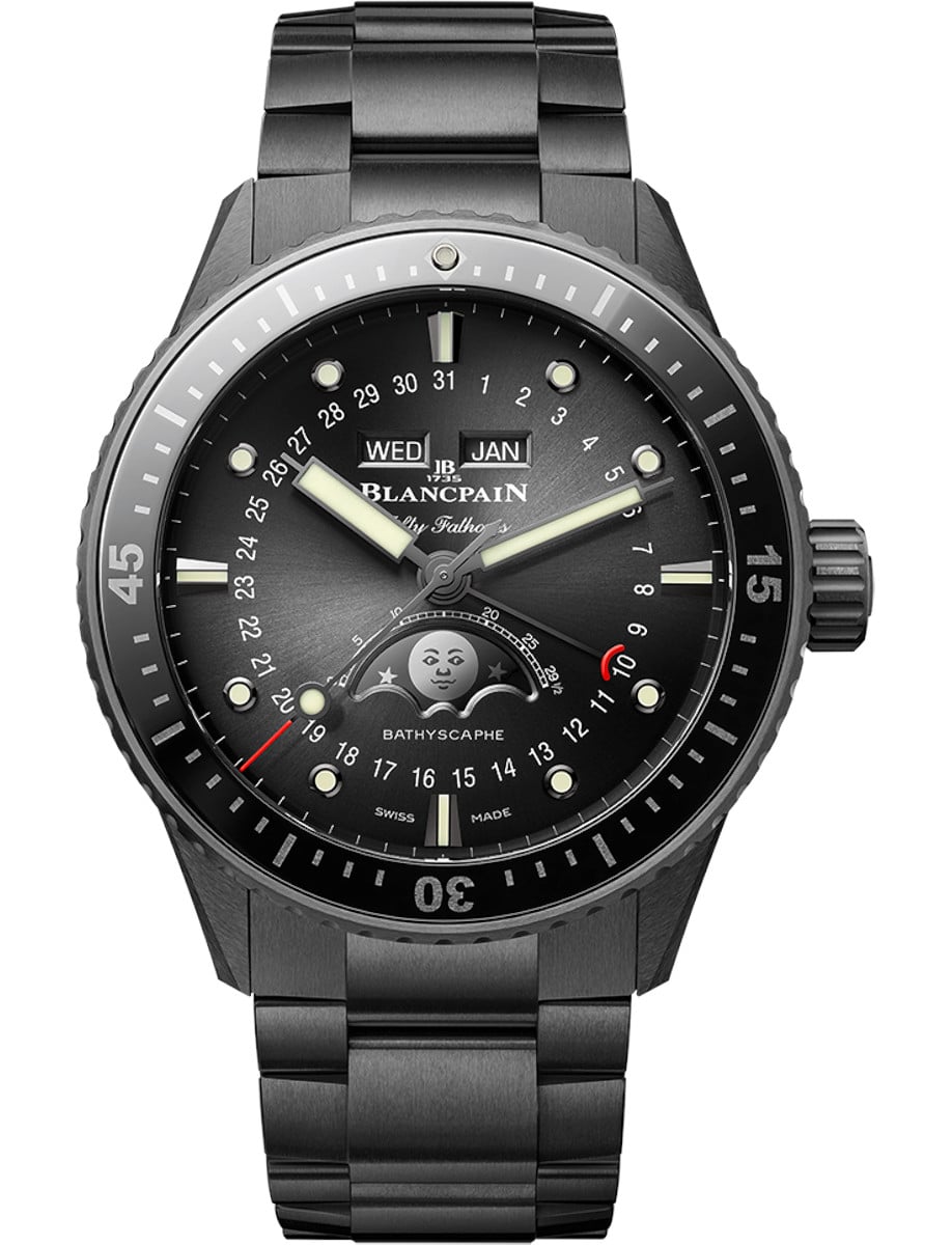 Fifty Fathoms Bathyscaphe Quantième Complet Phases de Lune 43.6 in Black Ceramic On Black Ceramic Bracelet with Sunburst Black Dial