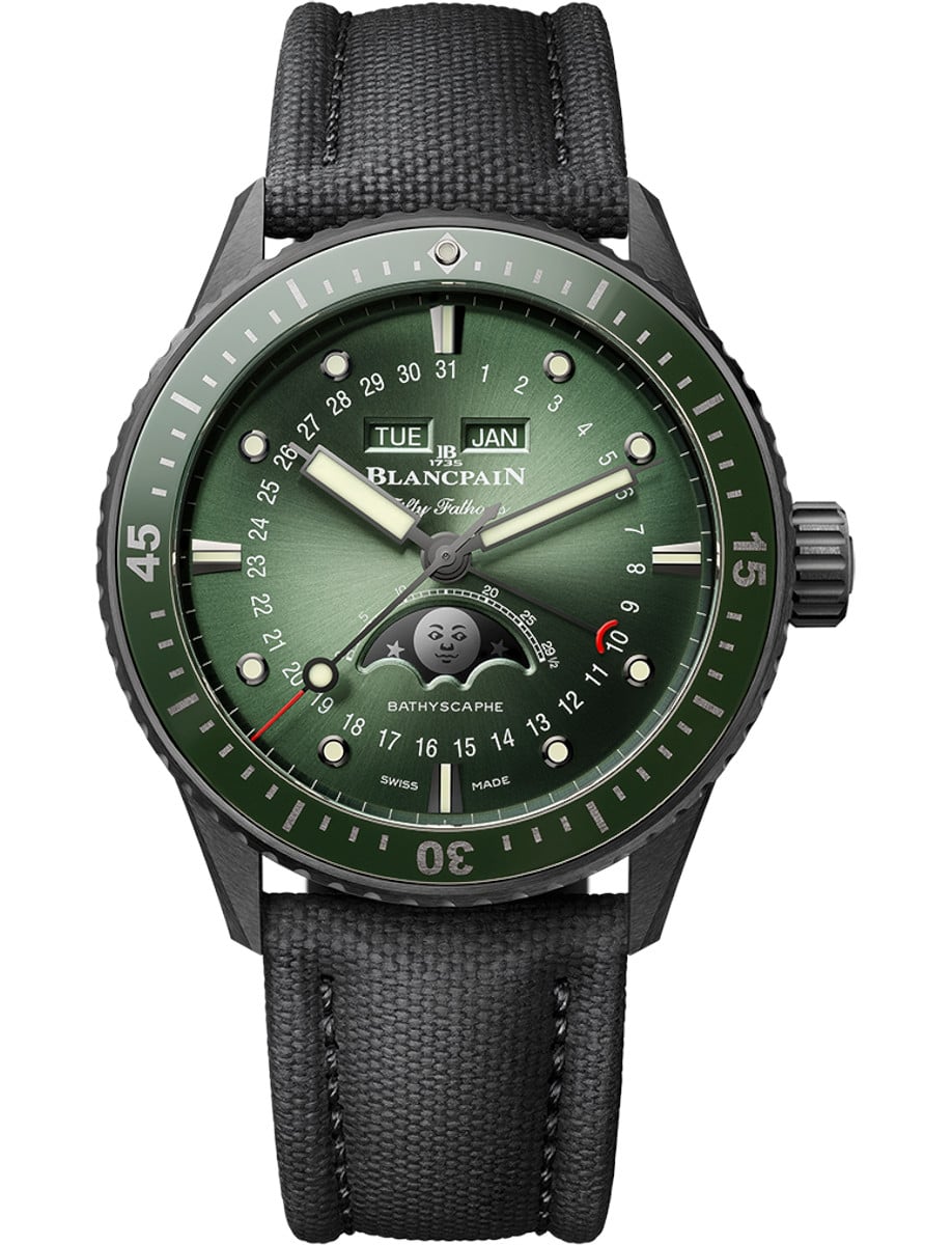 Fifty Fathoms Bathyscaphe Quantième Complet Phases de Lune 43.6 in Black Ceramic with Green Ceramic Bezel On Black Canvas Strap with Sunburst Green Dial