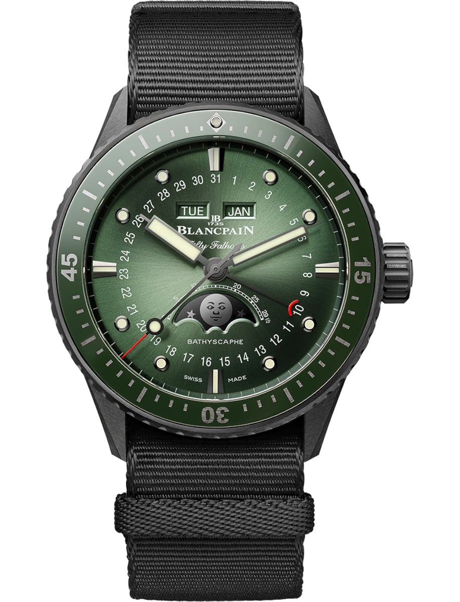 Fifty Fathoms Bathyscaphe Quantième Complet Phases de Lune 43.6 in Black Ceramic with Green Ceramic Bezel On Black Nato Strap with Sunburst Green Dial