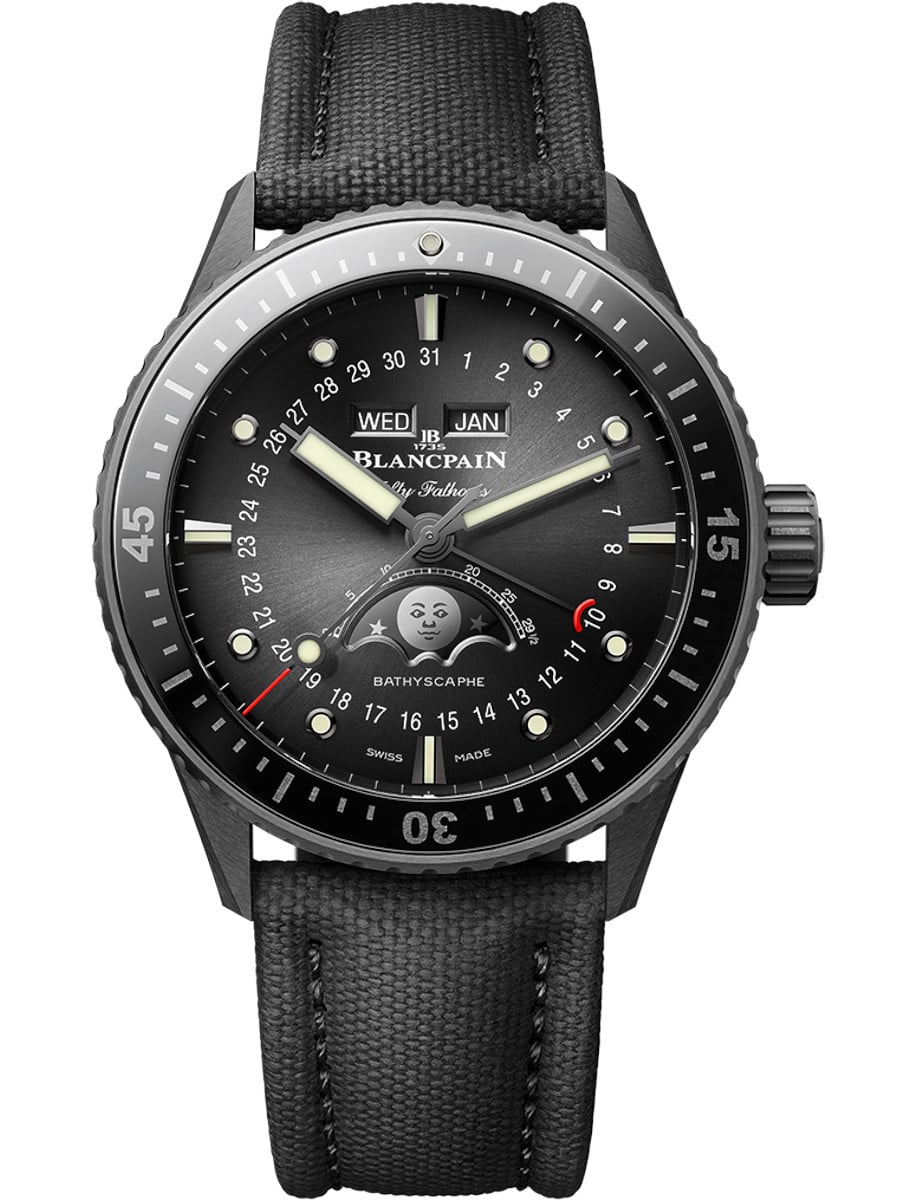 Fifty Fathoms Bathyscaphe Quantième Complet Phases de Lune 43.6 in Black Ceramic On Black Canvas Strap with Sunburst Black Dial