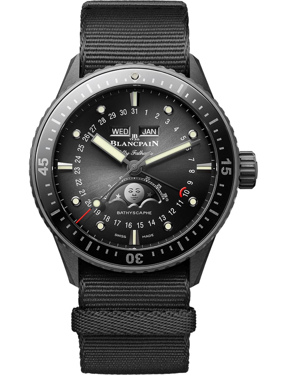 Fifty Fathoms Bathyscaphe Quantième Complet Phases de Lune 43.6 in Black Ceramic On Black Nato Strap with Sunburst Black Dial