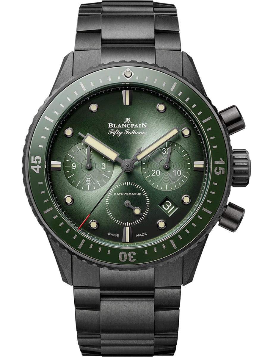 Fifty Fathoms Bathyscaphe Chronographe Flyback 43.6 in Black Ceramic with Green Ceramic Bezel On Black Ceramic Bracelet w/Sunburst Green Dial