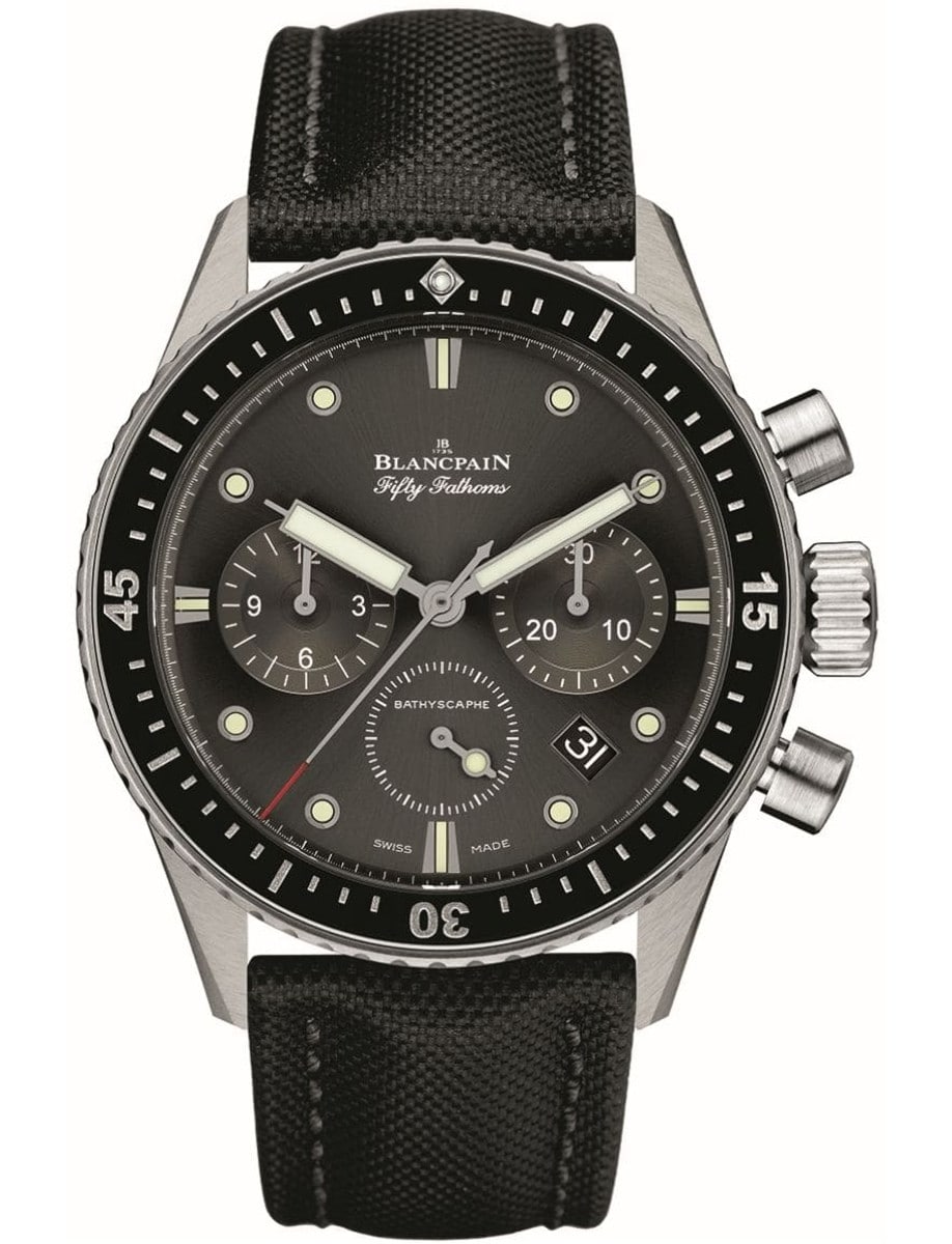 Fifty Fathoms Bathyscaphe Flyback Chronograph in Steel with Black Ceramic Bezel on Black Fabric Strap with Grey Dial