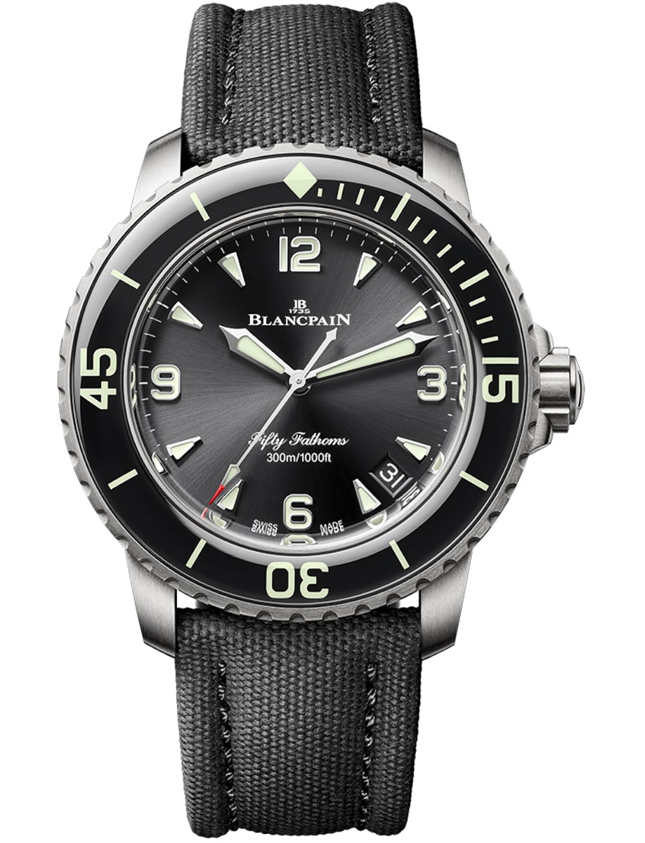 Fifty Fathoms Automatique in Titanium with Black Bezel on Black Sail Fabric Strap with Black Dial