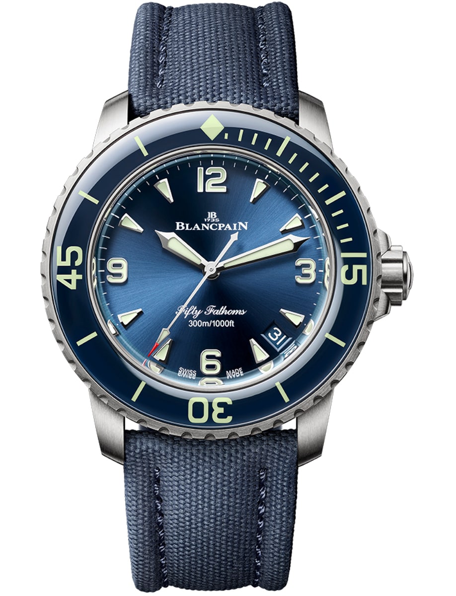 Fifty Fathoms Automatique in Titanium with Blue Bezel on Blue Canvas Strap with Blue Dial