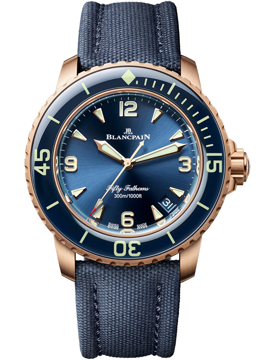 Fifty Fathoms Automatique in Rose Gold with Blue Bezel on Blue Sail Fabric Strap with Blue Dial