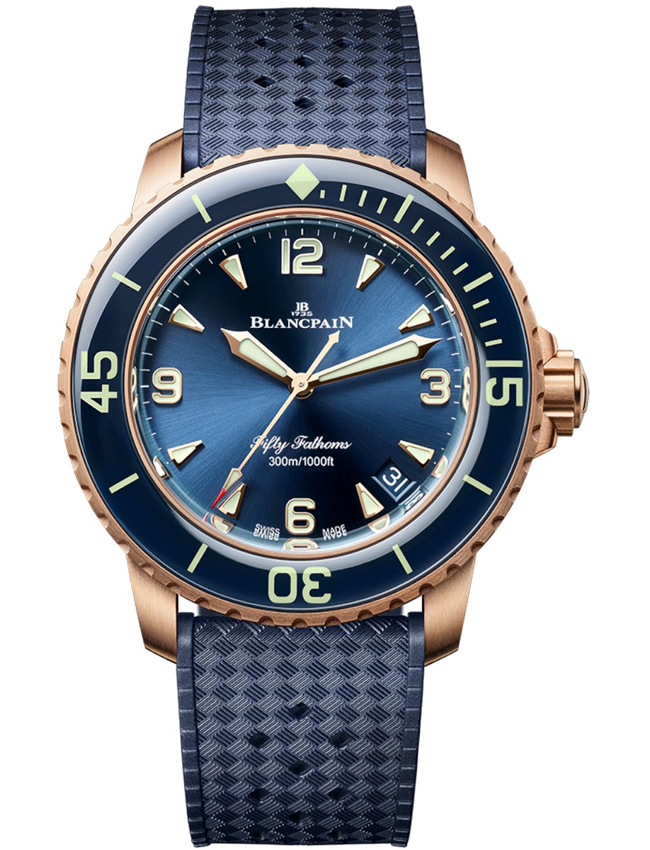 Fifty Fathoms Automatique in Rose Gold with Blue Bezel on Blue Rubber Strap with Blue Dial