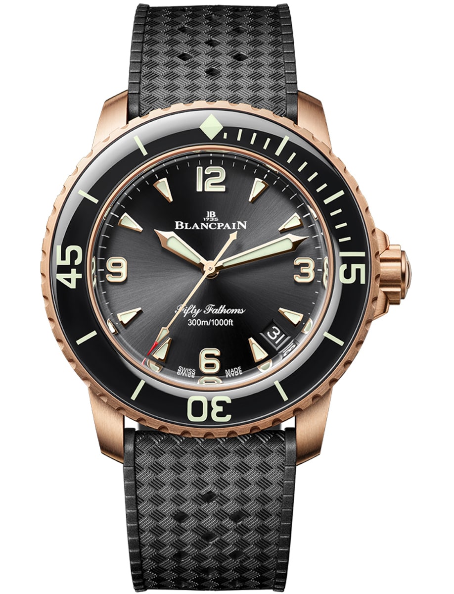 Fifty Fathoms Automatique in Rose Gold with Black Bezel on Black Rubber Strap with Black Dial