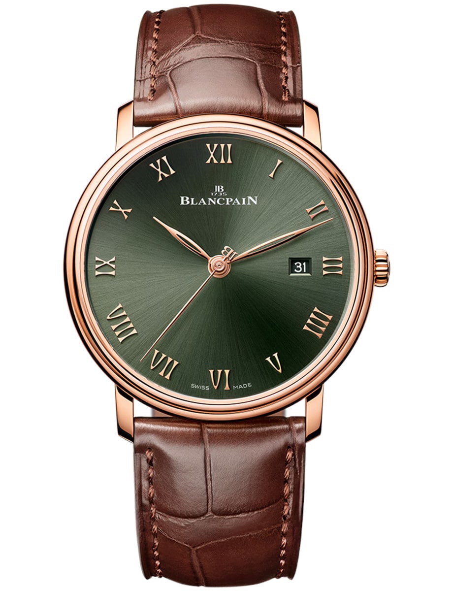 Villeret Extraplate 40mmin Rose Gold on Brown Crocodile Leather Strap with Green Roman Dial