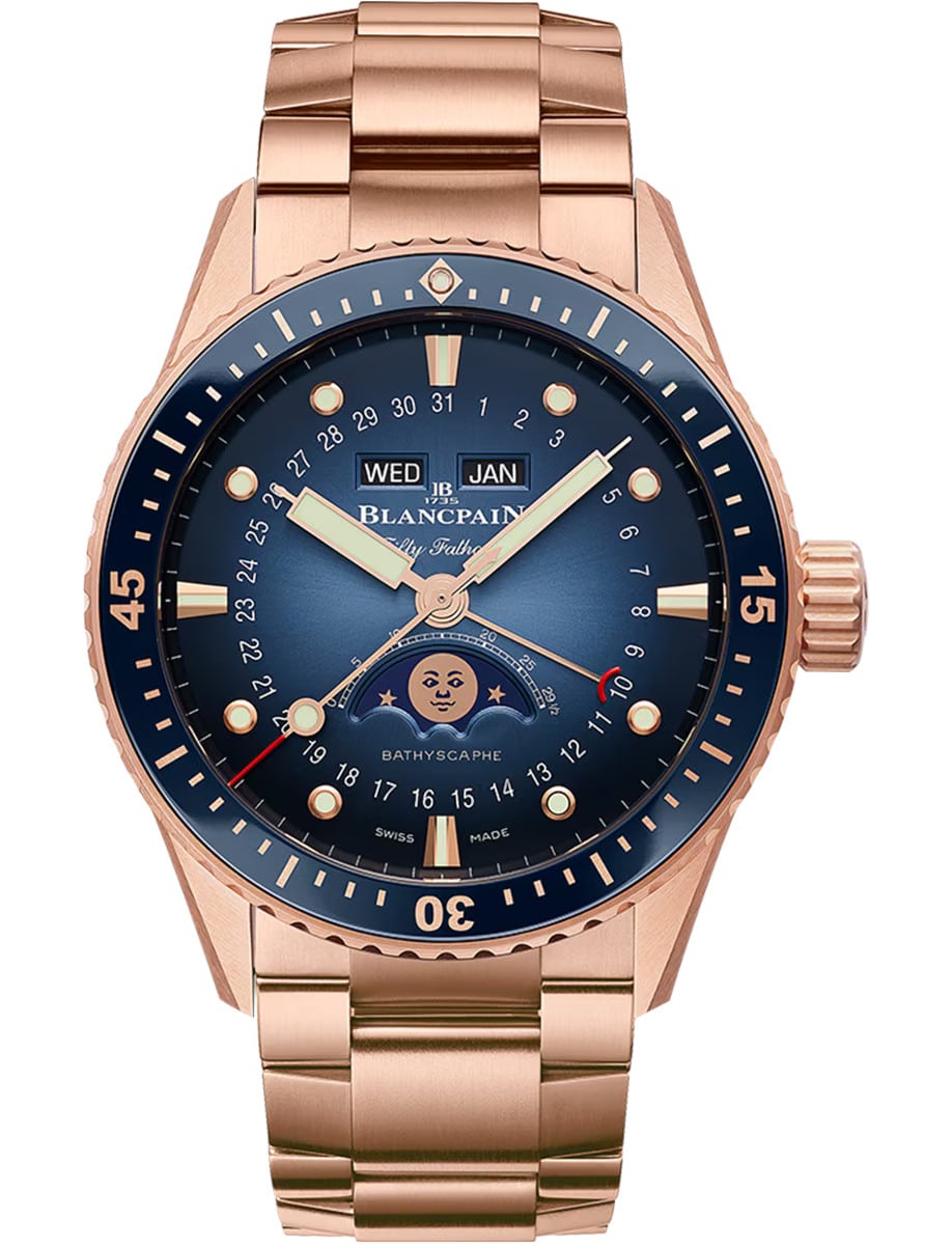 Fifty Fathoms Bathyscaphe Quantième Complet Phases de Lune in Rose Gold with Blue Bezel on Rose Gold Bracelet with Sunburst Blue Dial