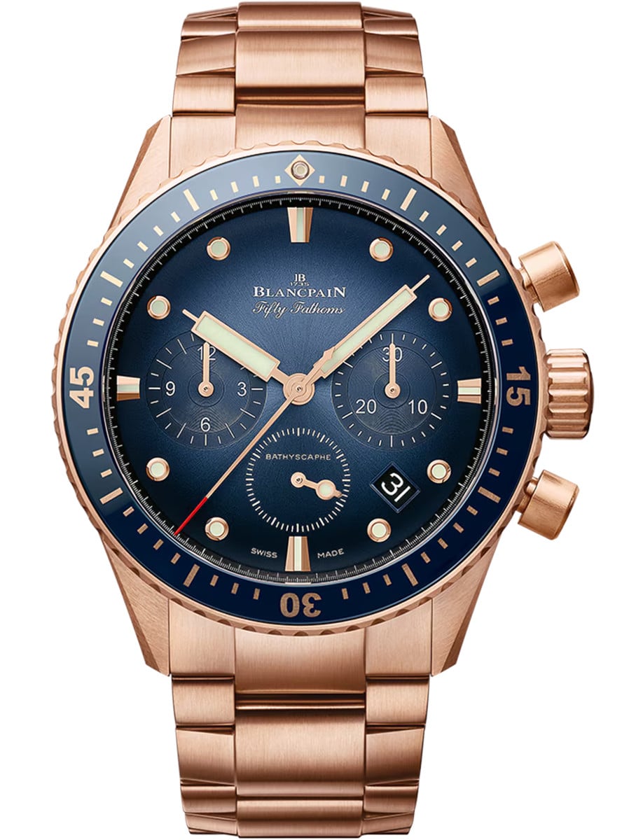 Fifty Fathoms Bathyscaphe Quantième Complet Phases de Lune in Rose Gold with Blue Bezel on Rose Gold Bracelet with Sunburst Blue Dial