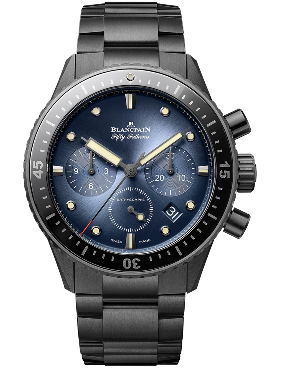 Fifty Fathoms Bathyscaphe Flyback Chronograph in Black Ceramic on Black Ceramic Bracelet with Sunburst Blue Dial