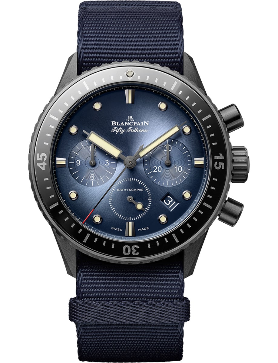 Fifty Fathoms Bathyscaphe Flyback Chronograph in Black Ceramic on Blue Nato Strap with Sunburst Blue Dial