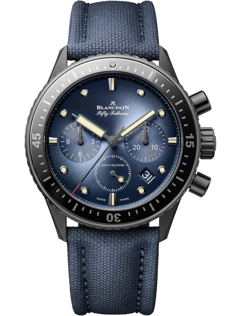 Fifty Fathoms Bathyscaphe Flyback Chronograph in Black Ceramic on Blue Canvas Strap with Sunburst Blue Dial
