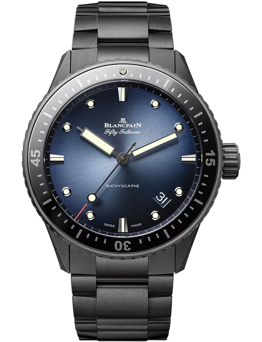 Fifty Fathoms Bathyscaphe Flyback Chronograph in Black Ceramic on Black Ceramic Bracelet with Sunburst Blue Dial
