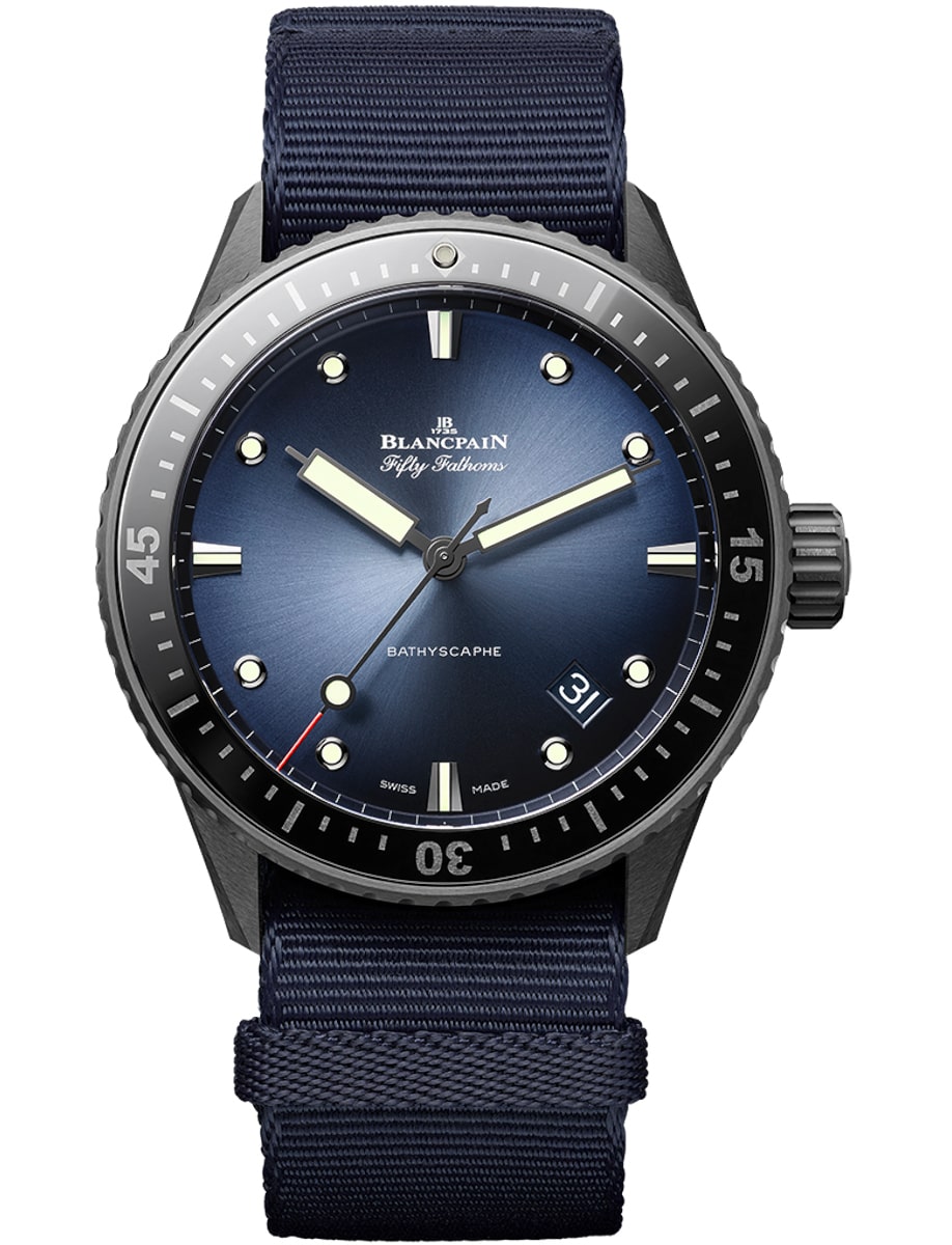 Fifty Fathoms Bathyscaphe Flyback Chronograph in Black Ceramic on Blue Nato Strap with Sunburst Blue Dial