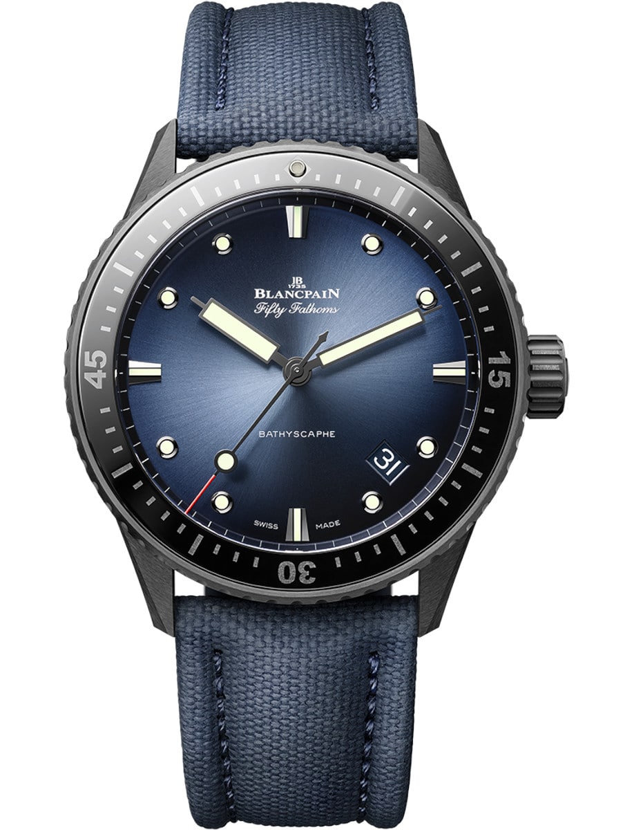 Fifty Fathoms Bathyscaphe Flyback Chronograph in Black Ceramic on Blue Canvas Strap with Sunburst Blue Dial