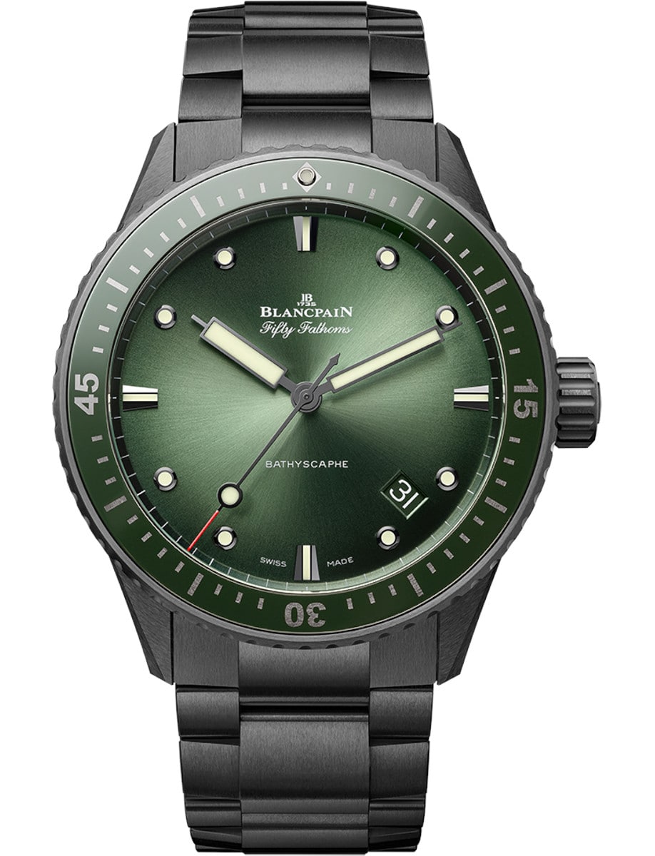 Fifty Fathoms Bathyscaphe Flyback Chronograph in Black Ceramic with Green Bezel on Black Ceramic Bracelet with Sunburst Green Dial