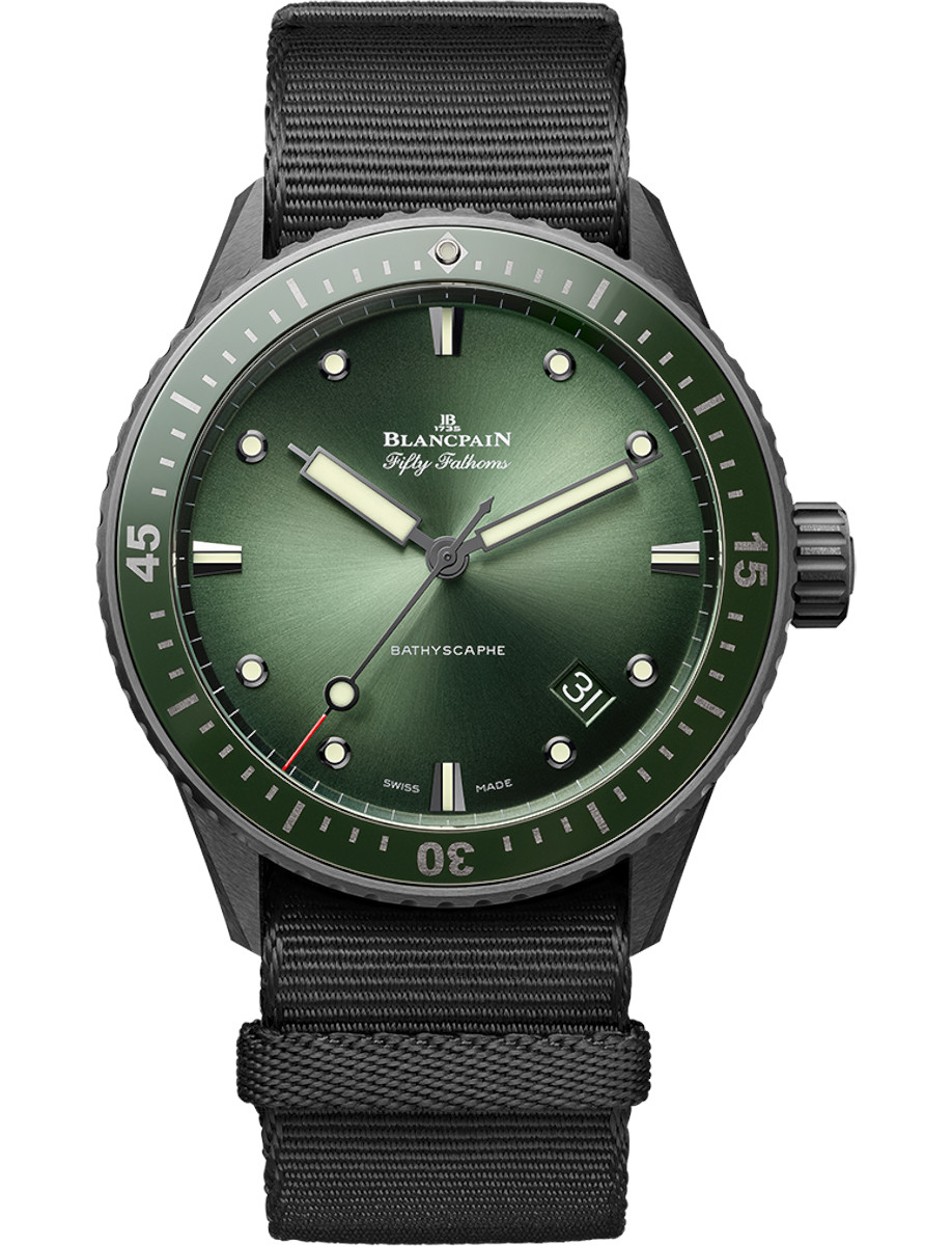 Fifty Fathoms Bathyscaphe Flyback Chronograph in Black Ceramic with Green Bezel on Black Nato Strap with Sunburst Green Dial