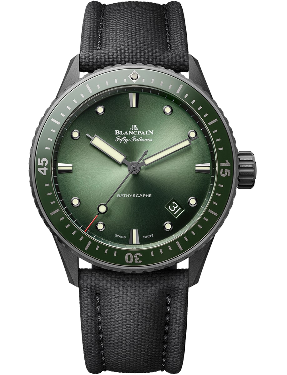 Fifty Fathoms Bathyscaphe Flyback Chronograph in Black Ceramic with Green Bezel on Black Canvas Strap with Sunburst Green Dial