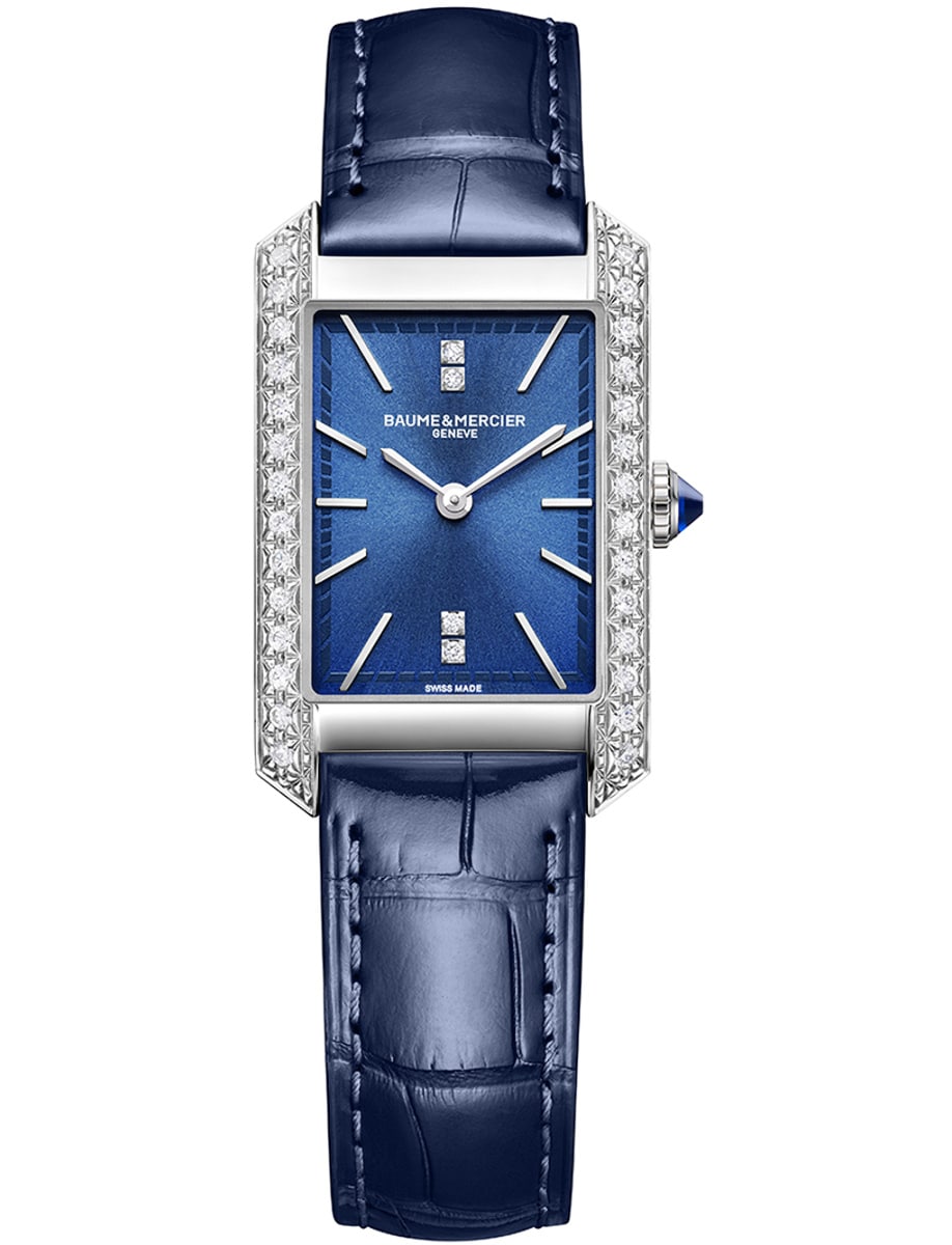 Hampton 35mm Automatic in Steel with Partial Diamond Bezel on Blue Alligator Leather Strap with Opaline Blue Dial