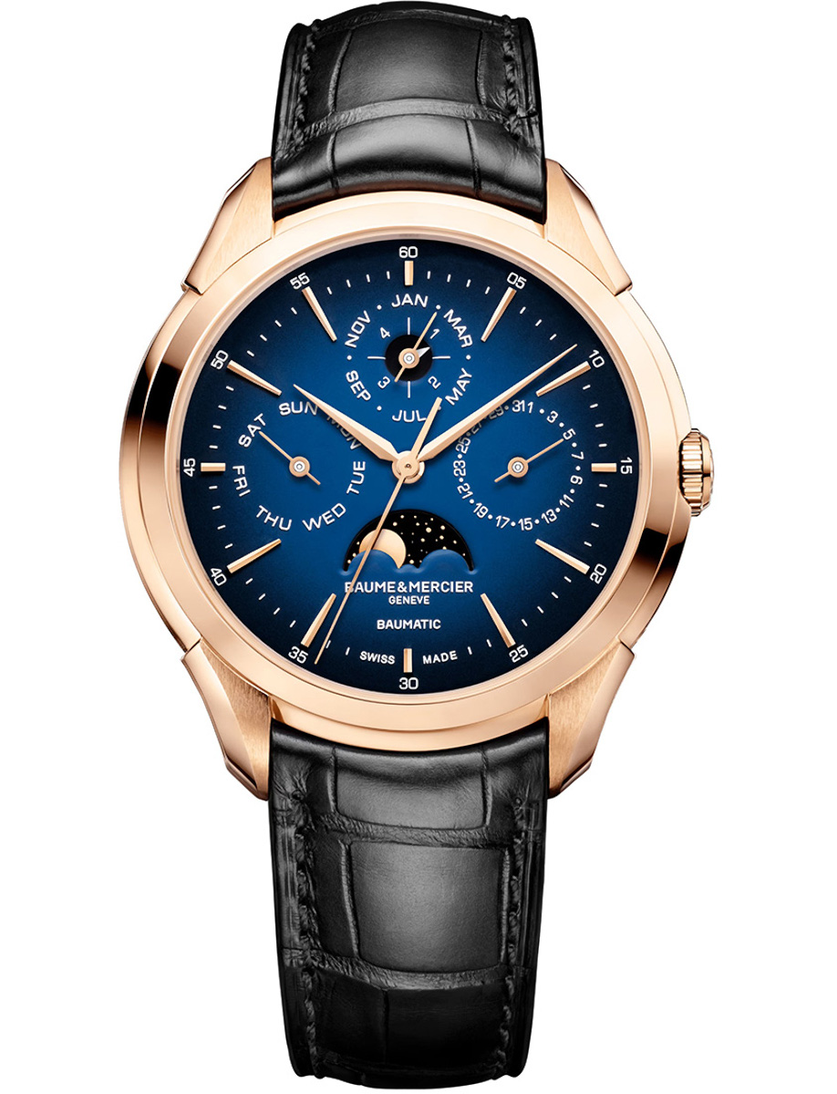 Clifton Perpetual Calendar Moonphase 42mm in Rose Gold on Black Alligator Leather Strap with Gradient Blue Dial