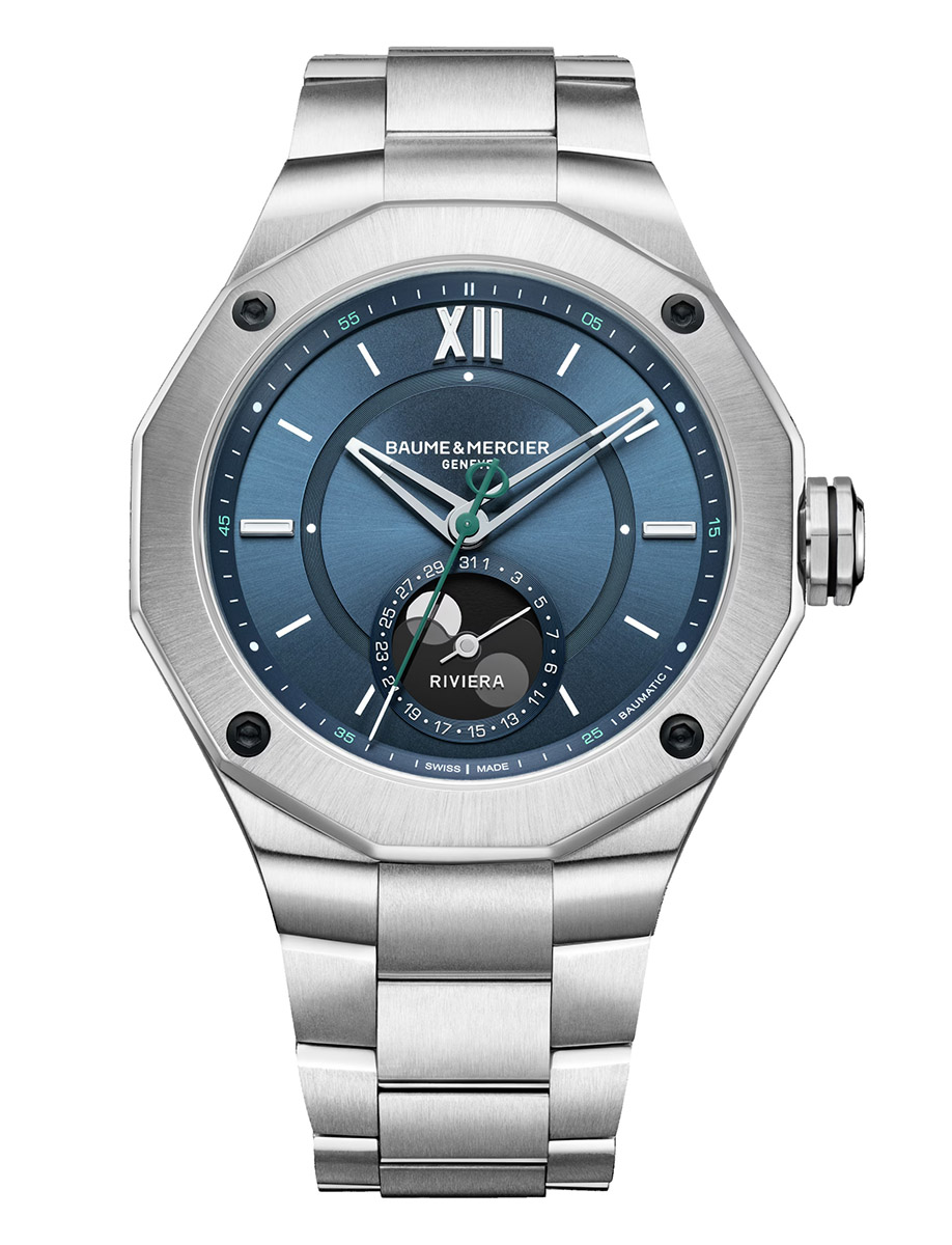 Riviera Moon Phase 43mm Automatic in Steel on Steel Bracelet with Blue Dial