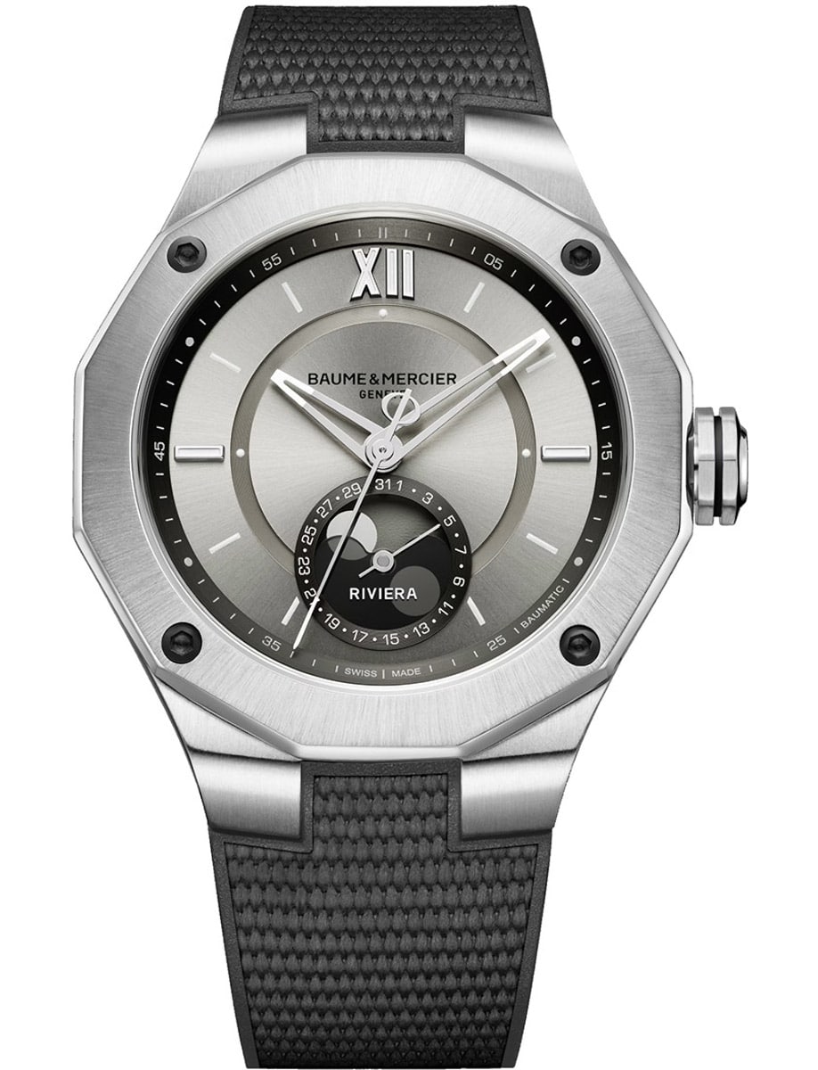 Riviera Moon Phase 43mm Automatic in Steel on Grey Rubber Strap with Sand Dial