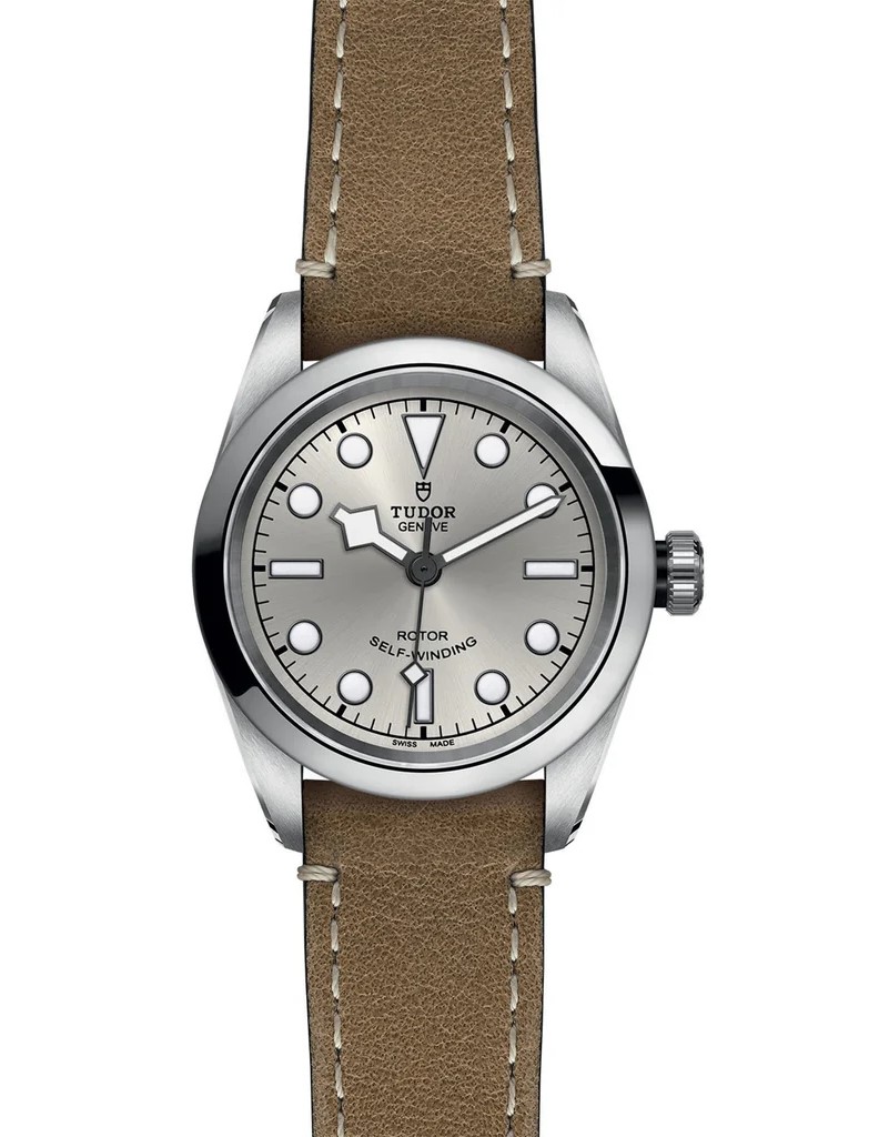 Black Bay 32mm Automatic in Polished Stainless Steel on Aged Leather Strap with Silver Dial